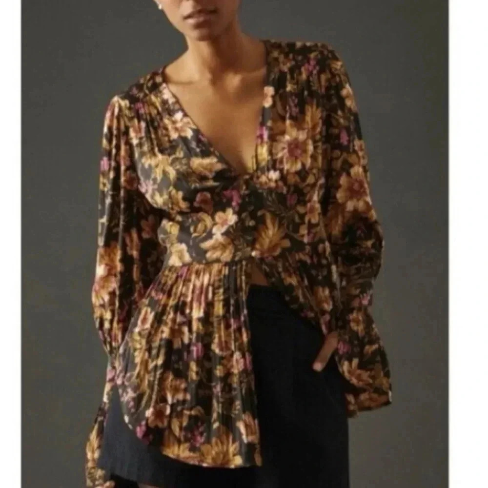 Anthropologie Floral V-Neck Blouse - Black and Brown